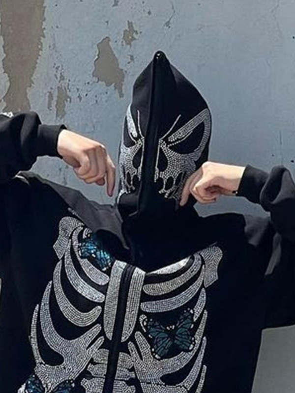 Sudadera con capucha extragrande con diamantes de imitación y mariposa esqueleto para hombre
