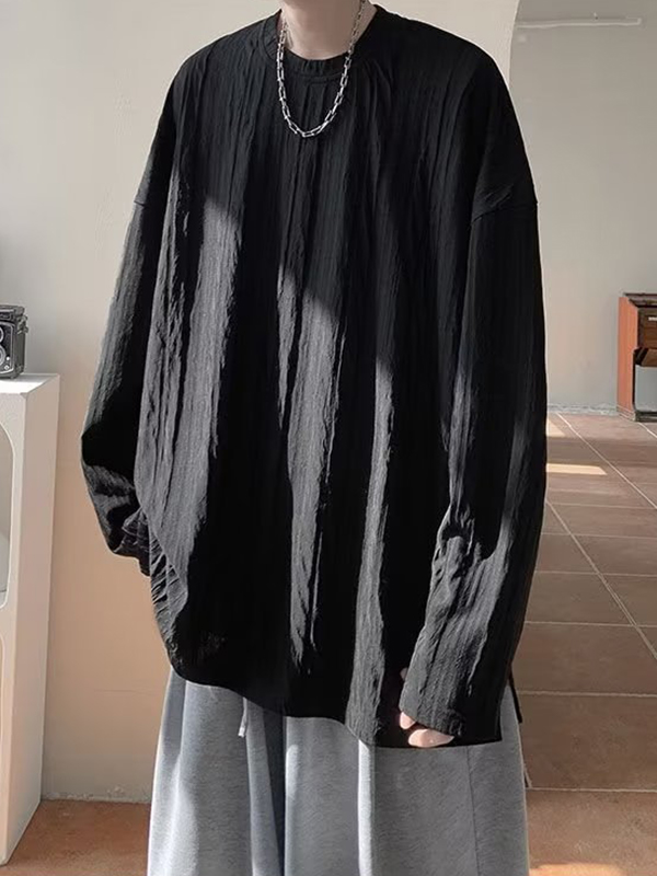 Camiseta de manga larga con cuello redondo y textura sólida para hombre
