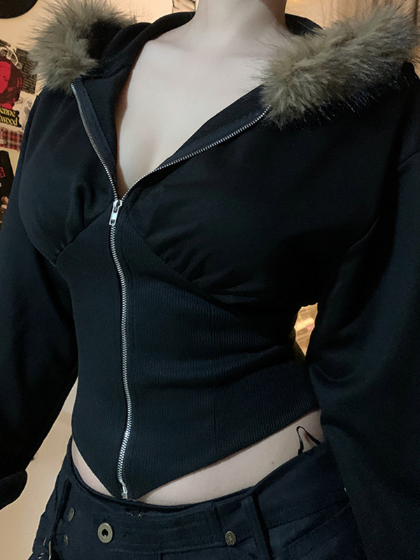 Chaqueta de cuello de piel de calle con empalmes irregulares