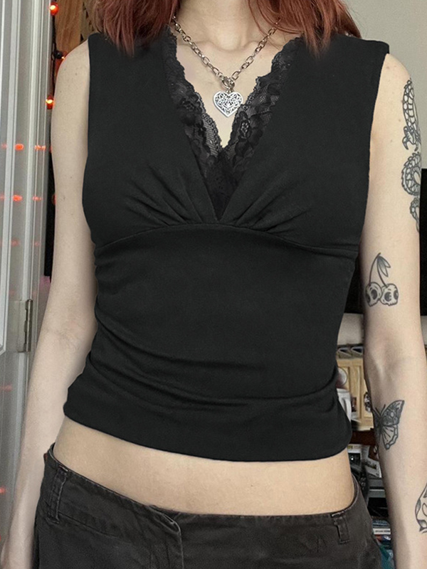Camiseta sin mangas con escote en V y parches de encaje