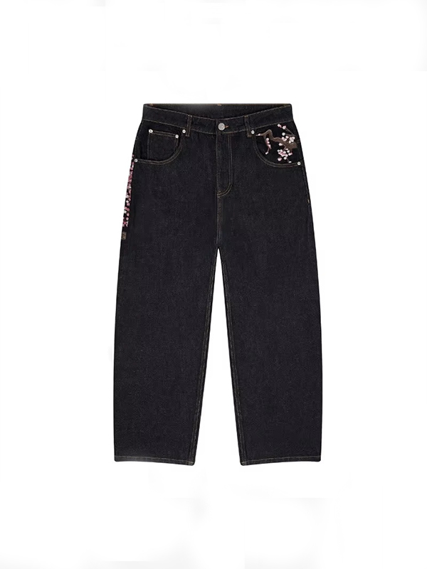 Vaqueros boyfriend con bordado de flores de ciruelo estilo vintage americano