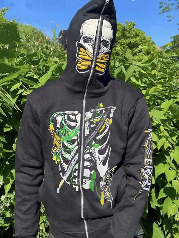 Sudadera extragrande con capucha y estampado de calavera y esqueleto para hombre