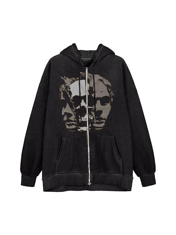 Sudadera con capucha extragrande con cremallera y estampado de retrato de calavera
