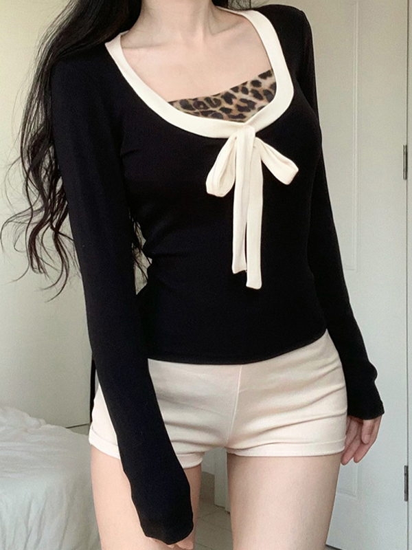 Camiseta de manga larga con lazo en contraste y estampado de leopardo