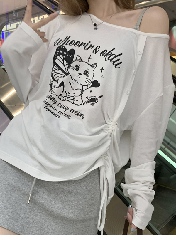 Camiseta de manga larga holgada con hombros descubiertos y estampado de gato