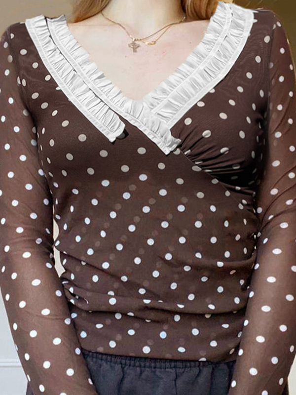 Camiseta de manga larga con cuello cruzado y ribete de lunares