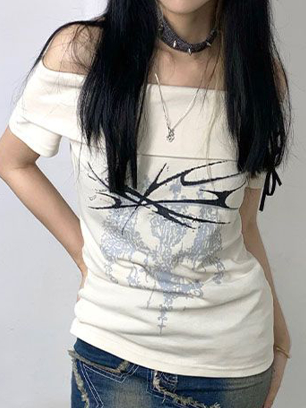 Camiseta de manga corta con estampado de un solo hombro