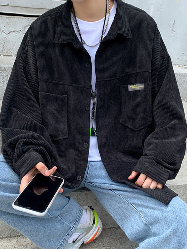 Camisa de manga larga de pana con bolsillo simple para hombre
