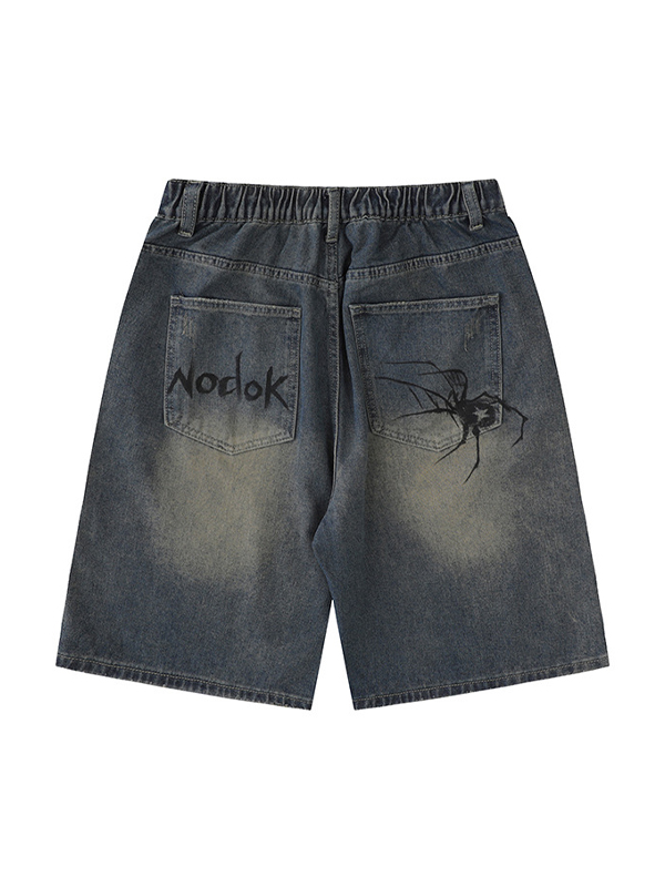 pantalones cortos de mezclilla casuales sueltos con estampado de araña para hombre